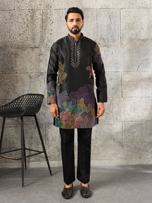 Bold Black Premium Soft Silk Thread Embroidered Kurta Pant Set
