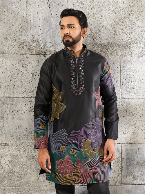 Bold Black Premium Soft Silk Thread Embroidered Kurta Pant Set
