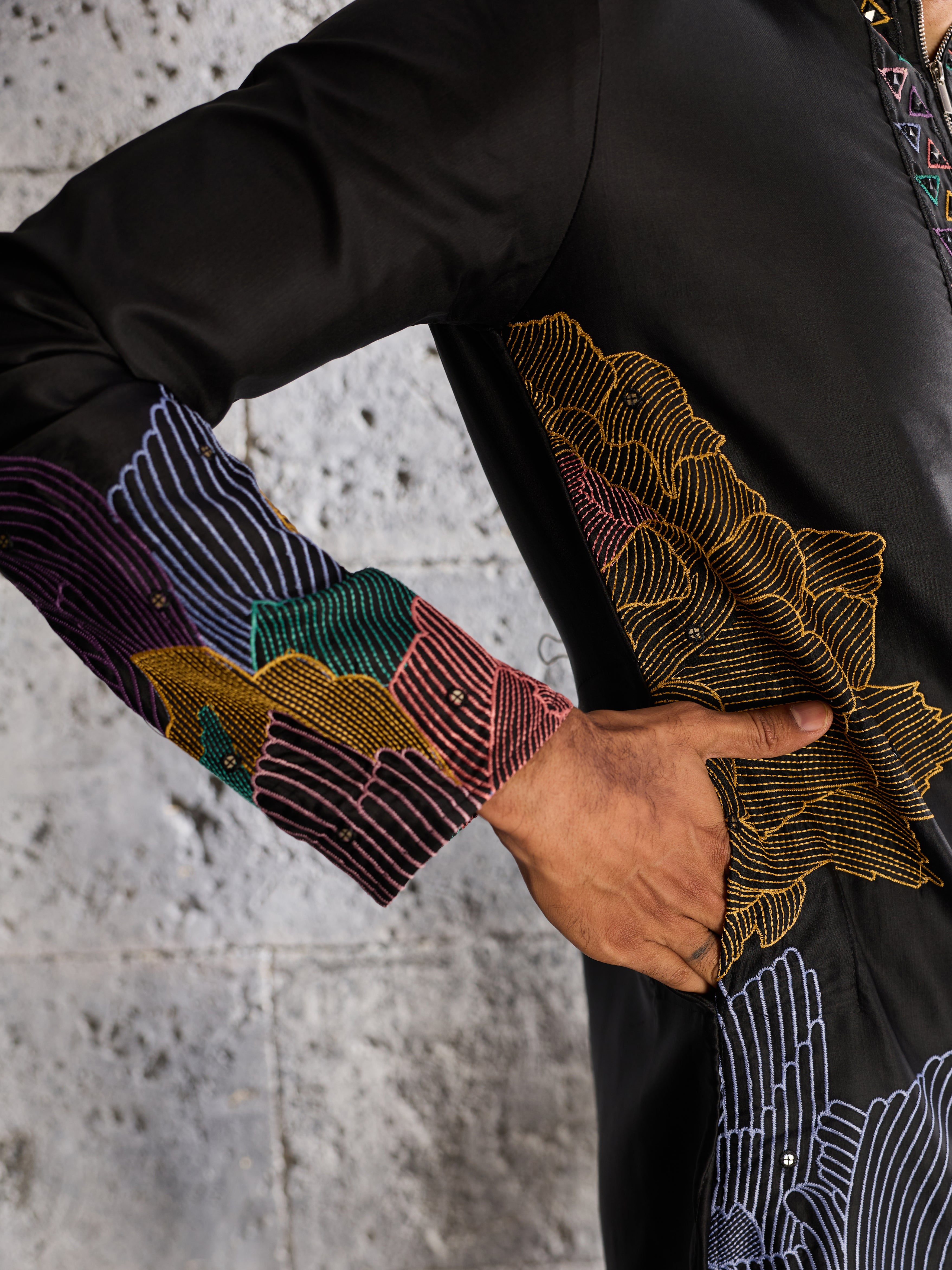 Bold Black Premium Soft Silk Thread Embroidered Kurta Pant Set

