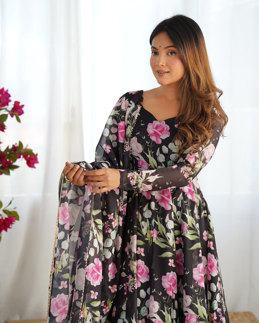 Digitally Printed Pure Soft Organza Anarkali Suit With Huge Flair Comes With Duppatta & Pant - Black
