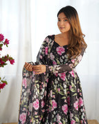 Digitally Printed Pure Soft Organza Anarkali Suit With Huge Flair Comes With Duppatta & Pant - Black
