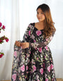 Digitally Printed Pure Soft Organza Anarkali Suit With Huge Flair Comes With Duppatta & Pant - Black