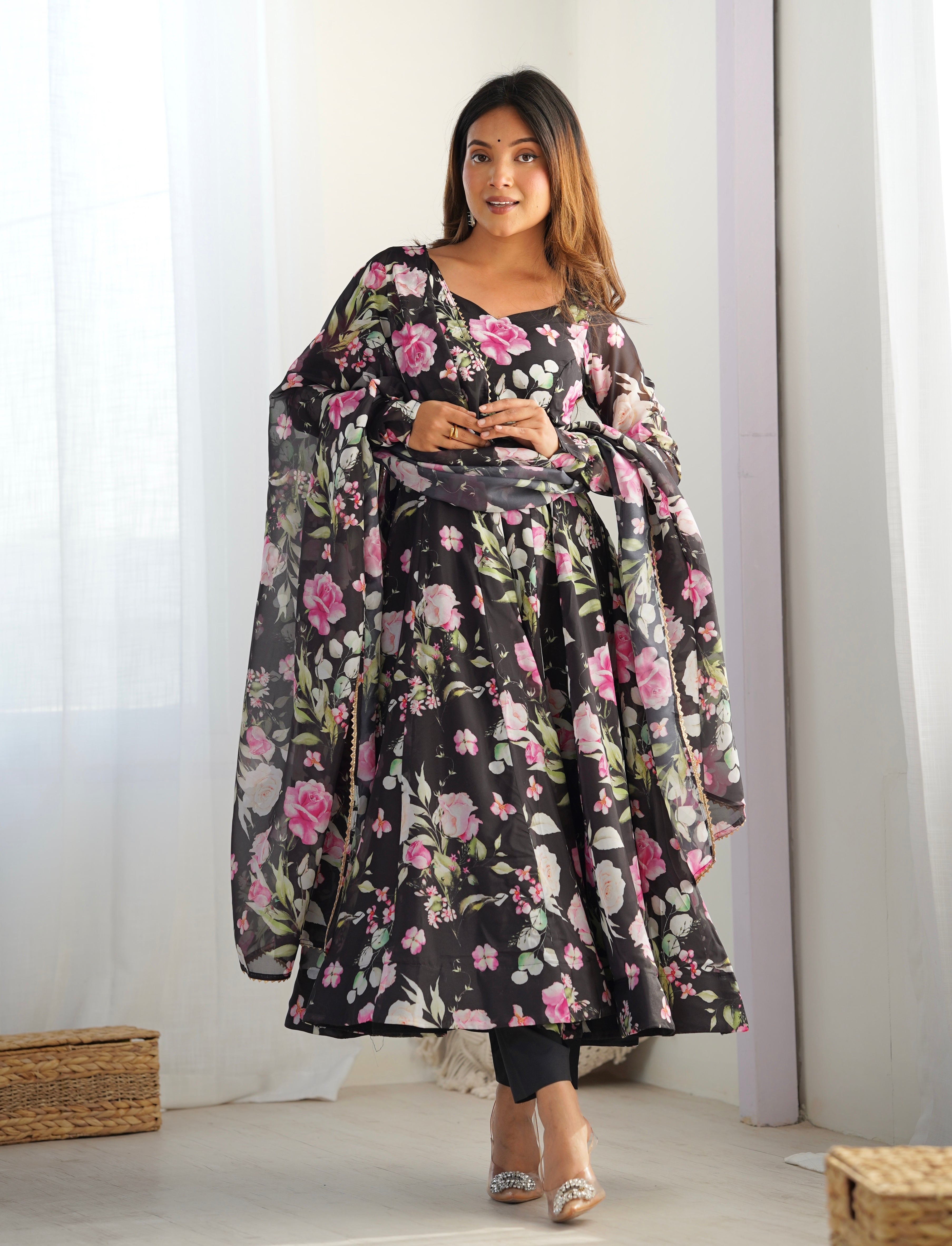Digitally Printed Pure Soft Organza Anarkali Suit With Huge Flair Comes With Duppatta & Pant - Black
