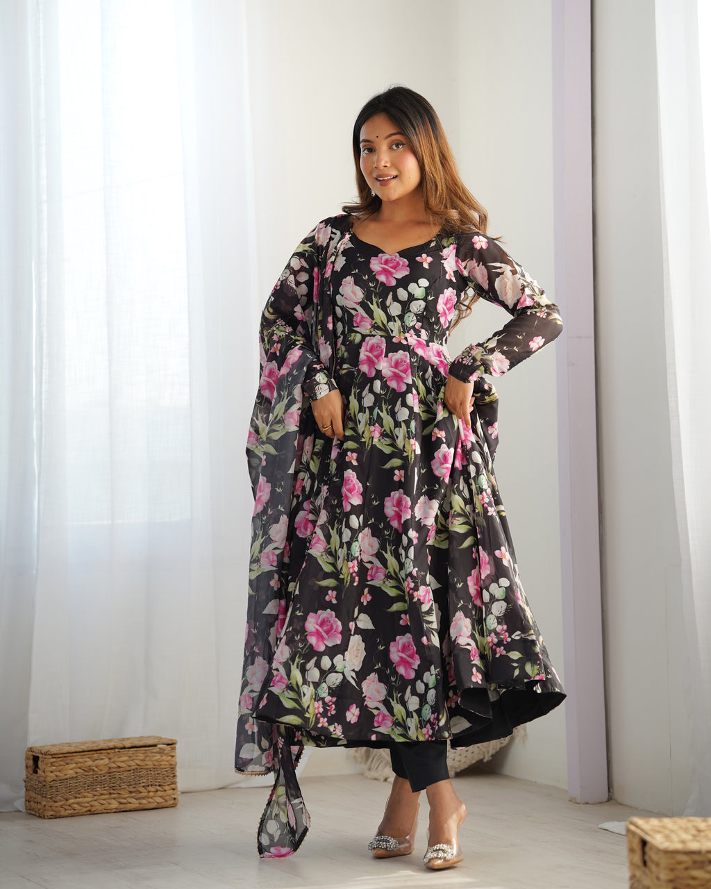 Digitally Printed Pure Soft Organza Anarkali Suit With Huge Flair Comes With Duppatta & Pant - Black
