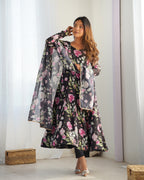 Digitally Printed Pure Soft Organza Anarkali Suit With Huge Flair Comes With Duppatta & Pant - Black
