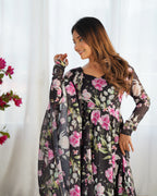 Digitally Printed Pure Soft Organza Anarkali Suit With Huge Flair Comes With Duppatta & Pant - Black
