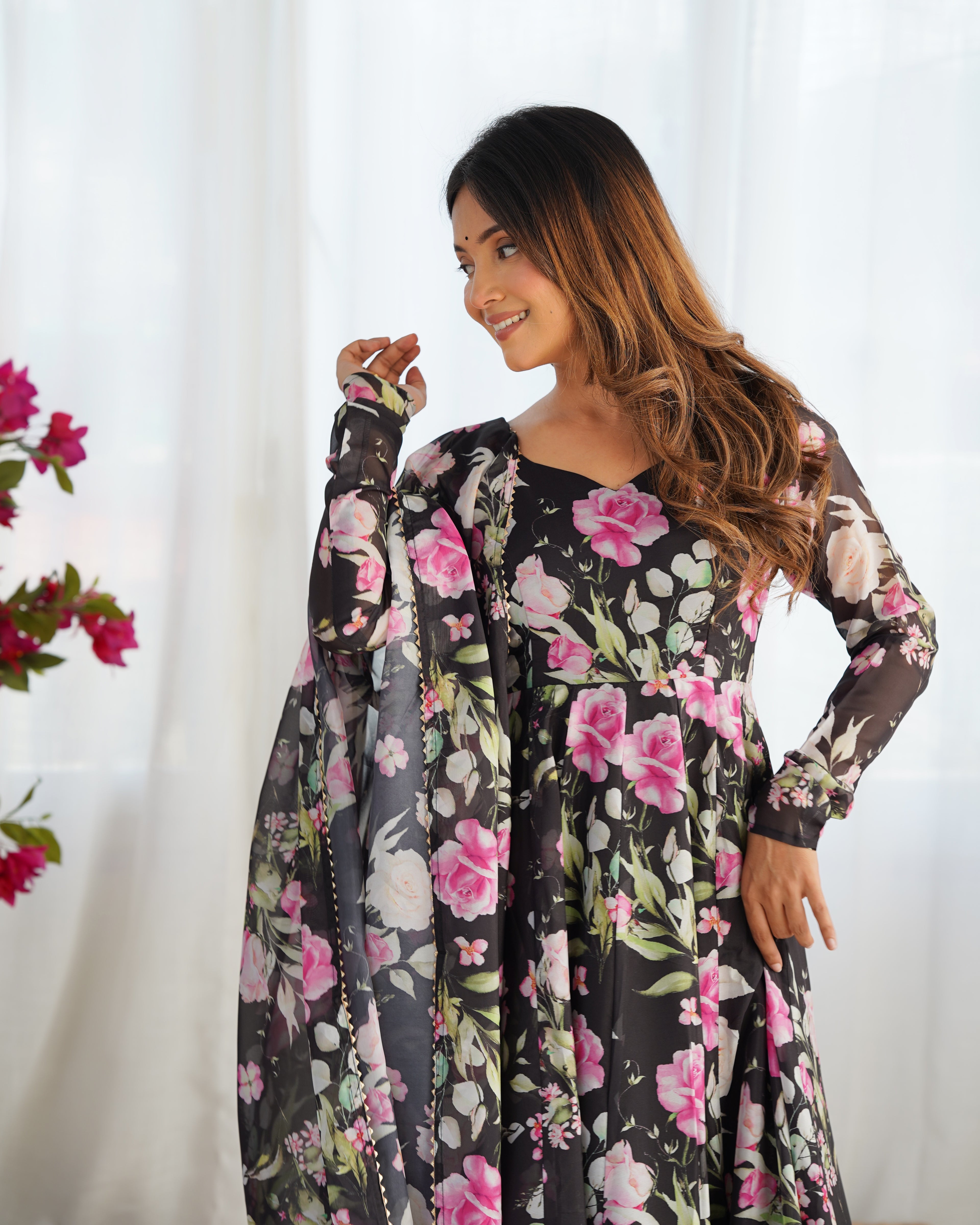 Digitally Printed Pure Soft Organza Anarkali Suit With Huge Flair Comes With Duppatta & Pant - Black
