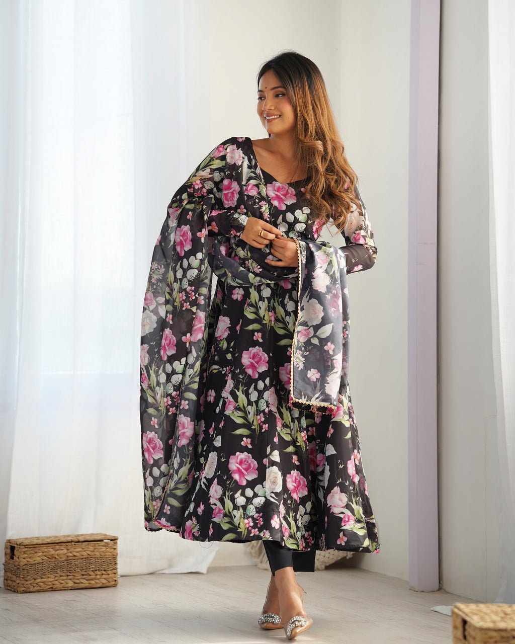 Digitally Printed Pure Soft Organza Anarkali Suit With Huge Flair Comes With Duppatta & Pant - Black
