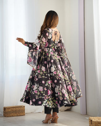 Digitally Printed Pure Soft Organza Anarkali Suit With Huge Flair Comes With Duppatta & Pant - Black
