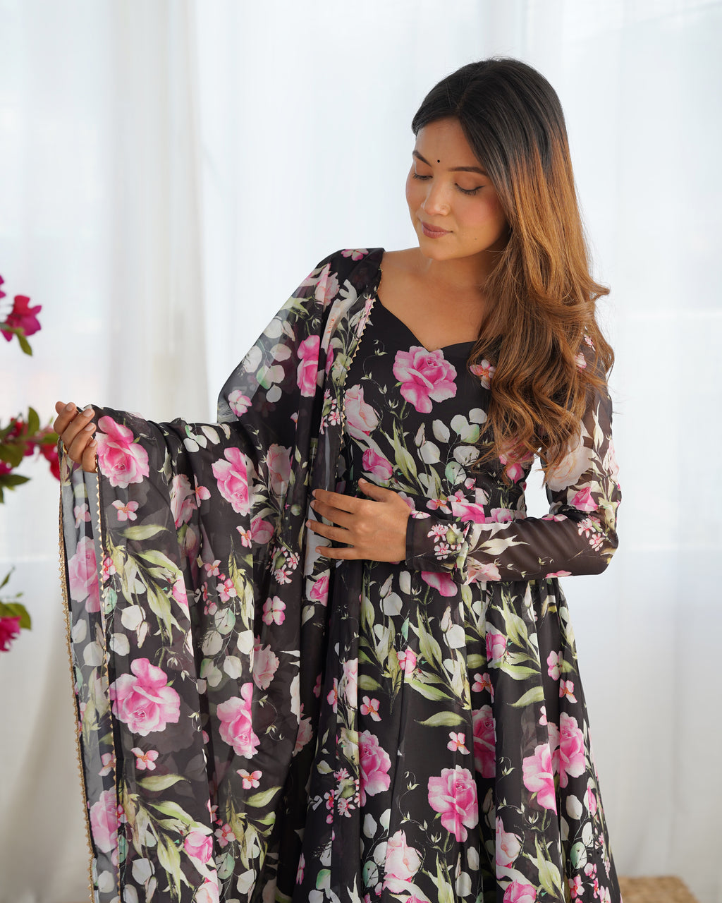 Digitally Printed Pure Soft Organza Anarkali Suit With Huge Flair Comes With Duppatta & Pant - Black
