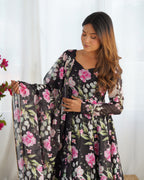 Digitally Printed Pure Soft Organza Anarkali Suit With Huge Flair Comes With Duppatta & Pant - Black
