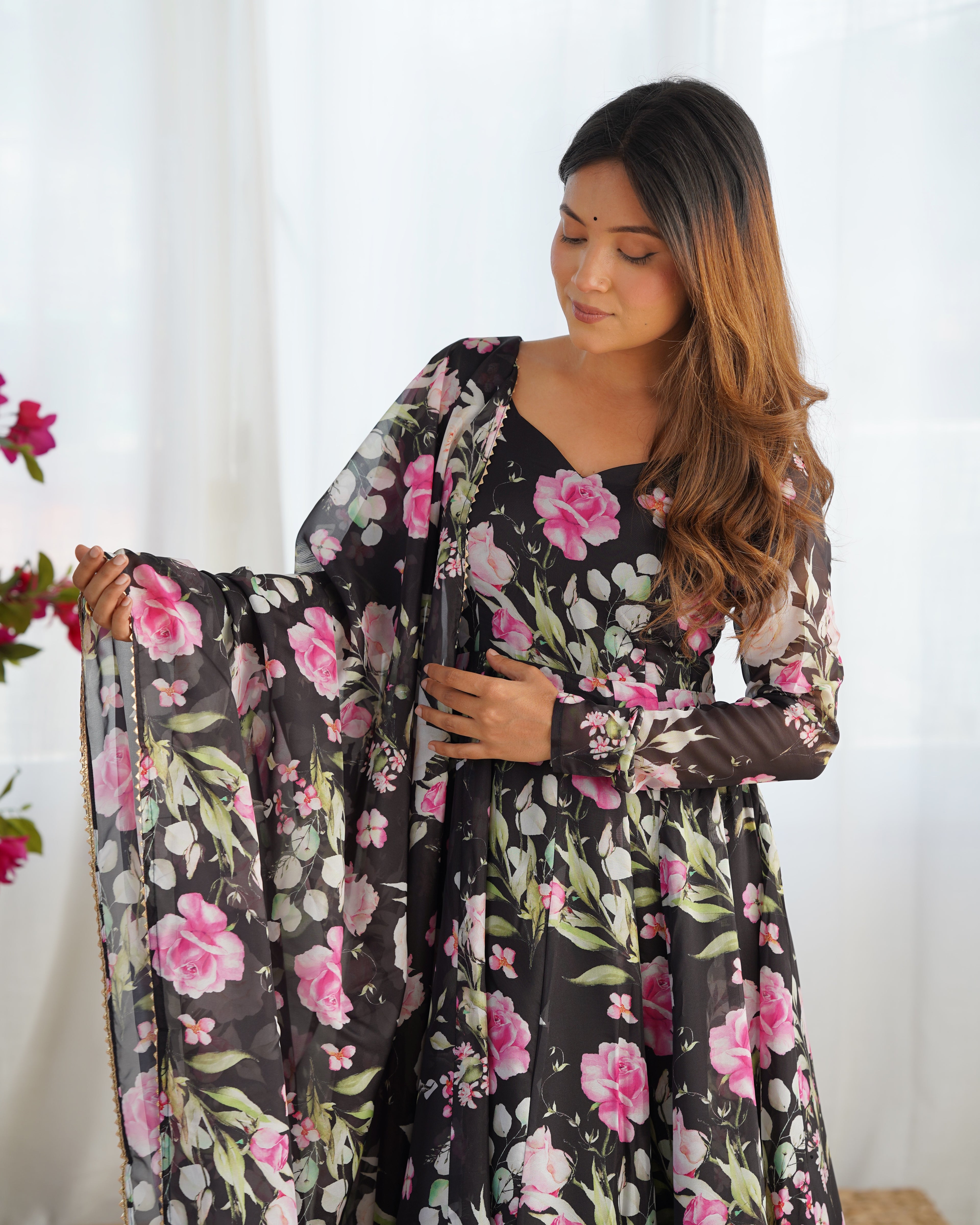 Digitally Printed Pure Soft Organza Anarkali Suit With Huge Flair Comes With Duppatta & Pant - Black
