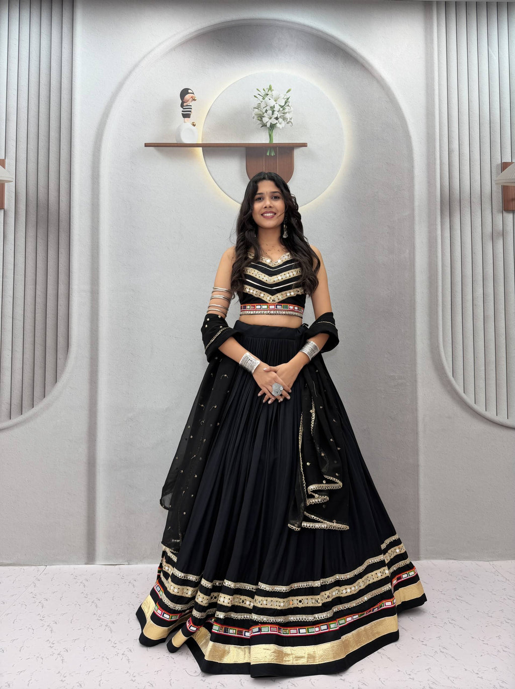 Designer Navratri Festival Black Pure Cotton Mirror Lace Lehenga Choli
