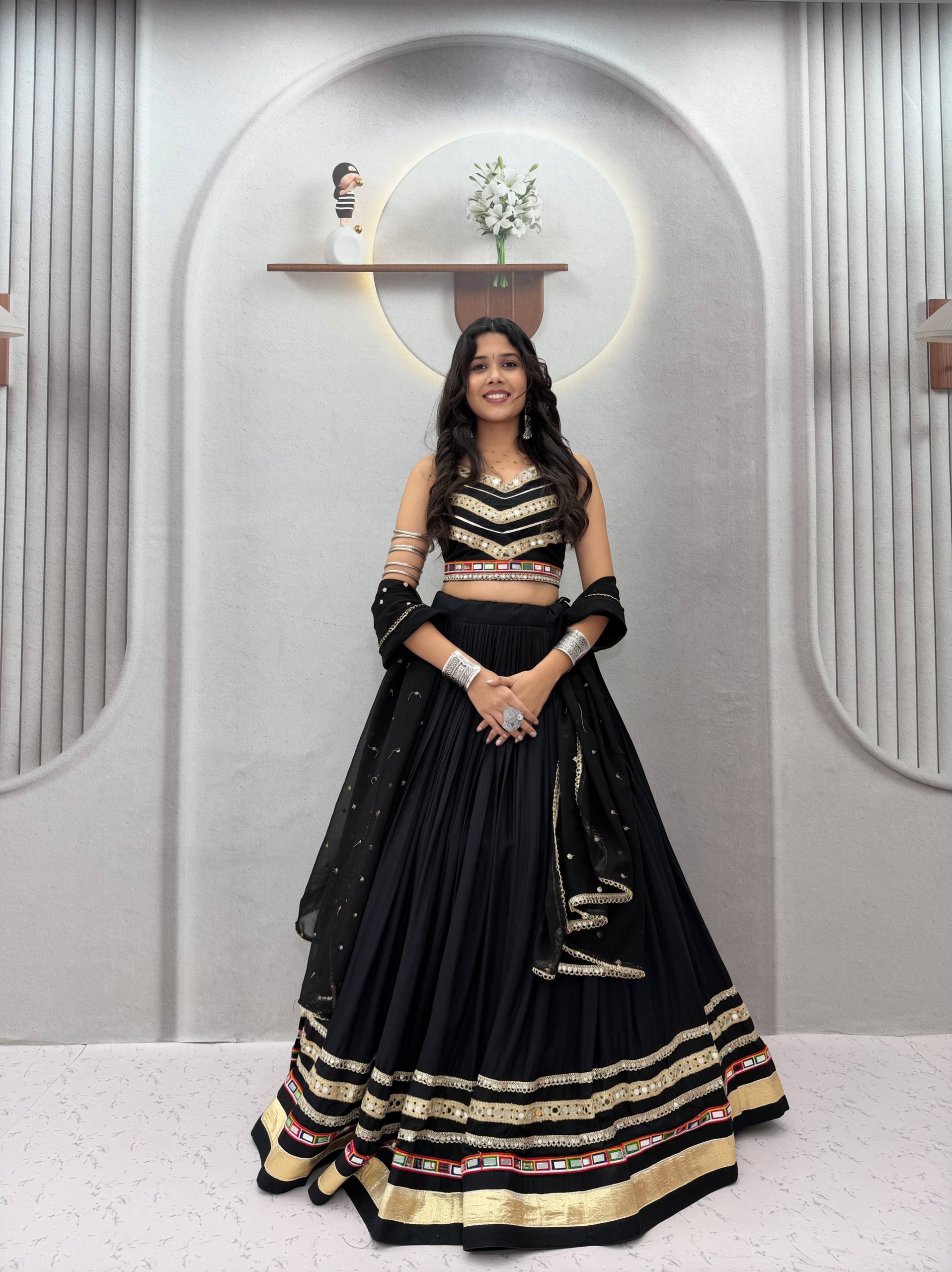 Designer Navratri Festival Black Pure Cotton Mirror Lace Lehenga Choli
