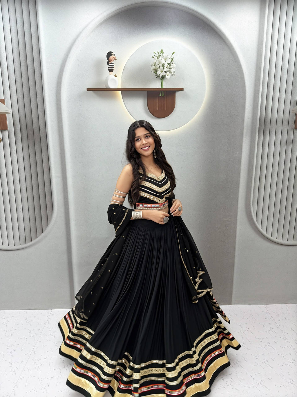 Designer Navratri Festival Black Pure Cotton Mirror Lace Lehenga Choli
