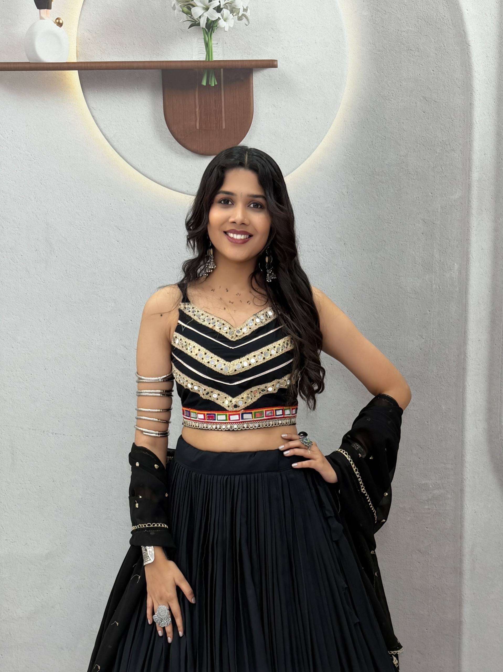 Designer Navratri Festival Black Pure Cotton Mirror Lace Lehenga Choli
