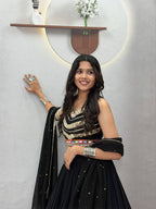 Designer Navratri Festival Black Pure Cotton Mirror Lace Lehenga Choli
