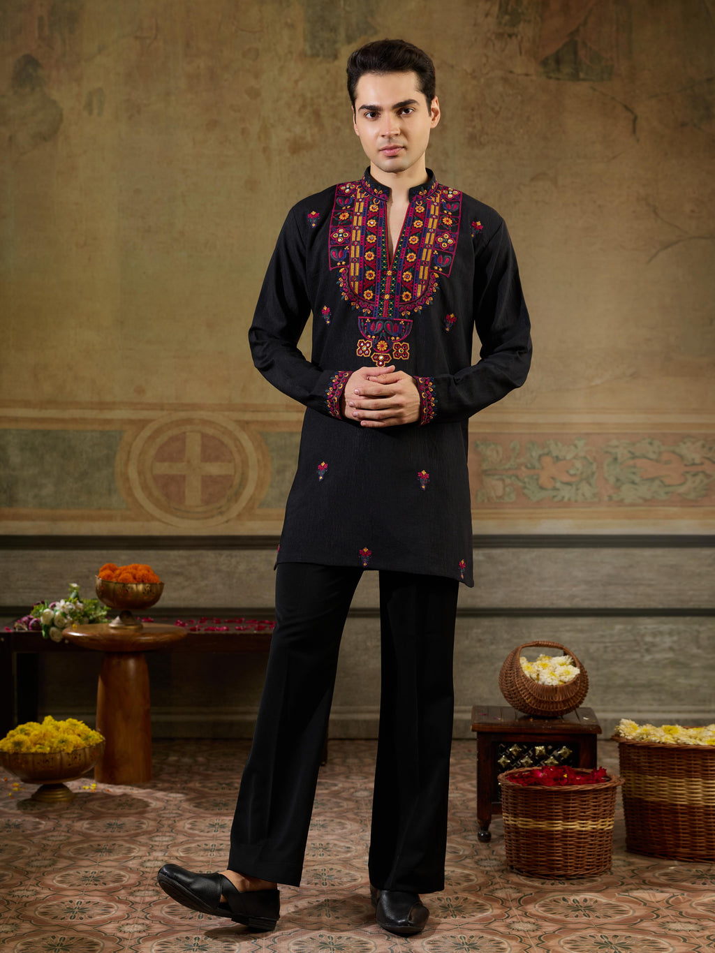 Festive Black Rayon Embroidered Kurta Set | Tulip Designer
