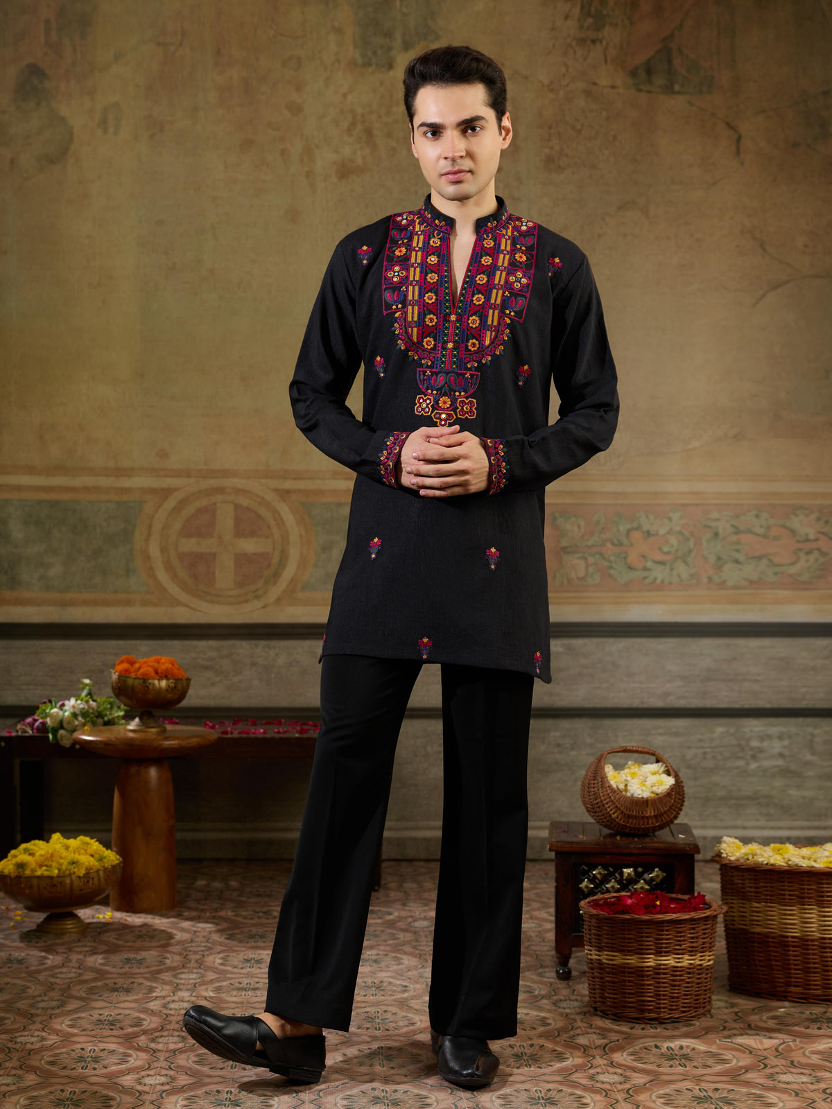 Festive Black Rayon Embroidered Kurta Set | Tulip Designer
