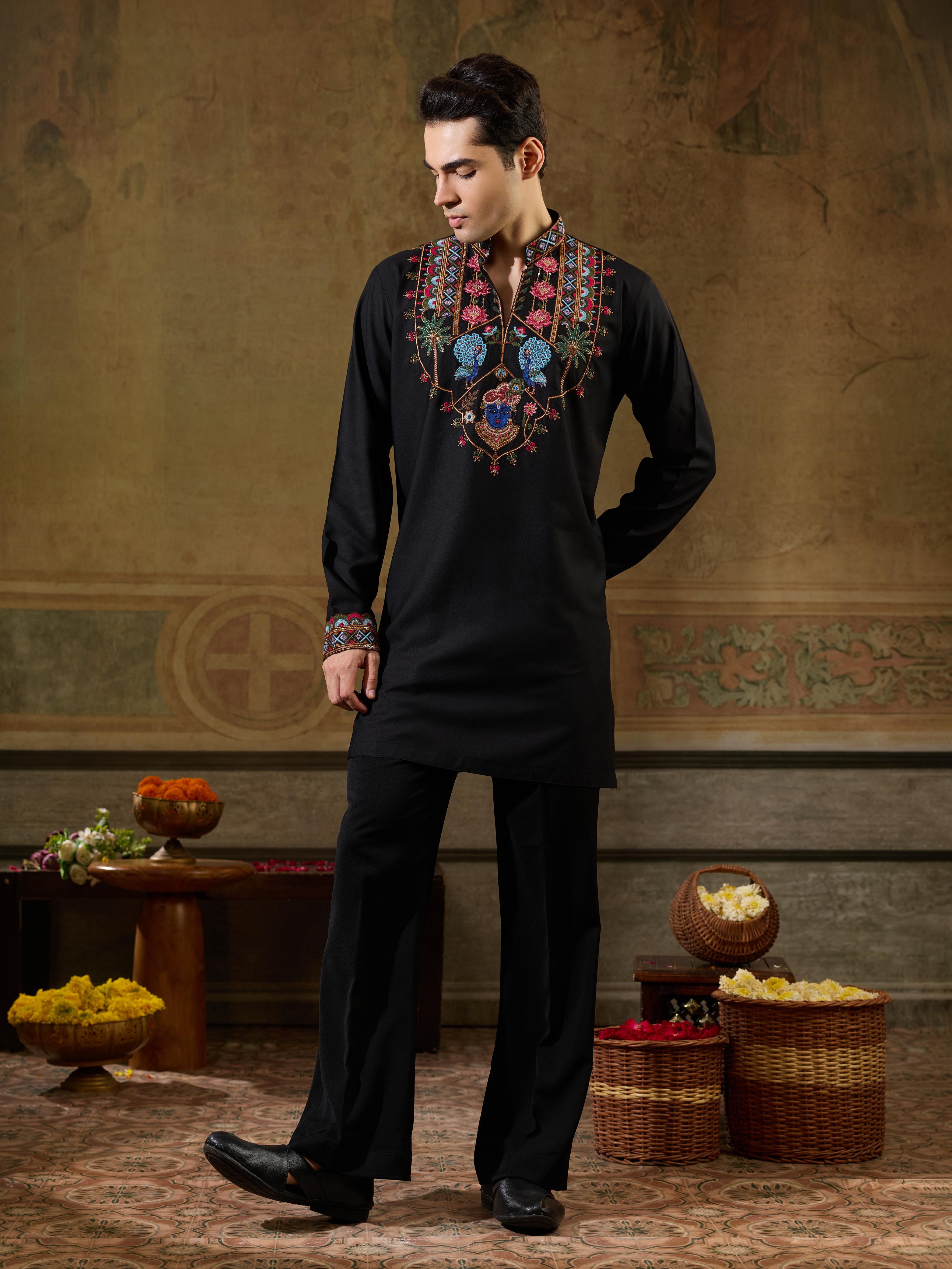 Festive Black Rayon Embroidered Kurta Set For Mens

