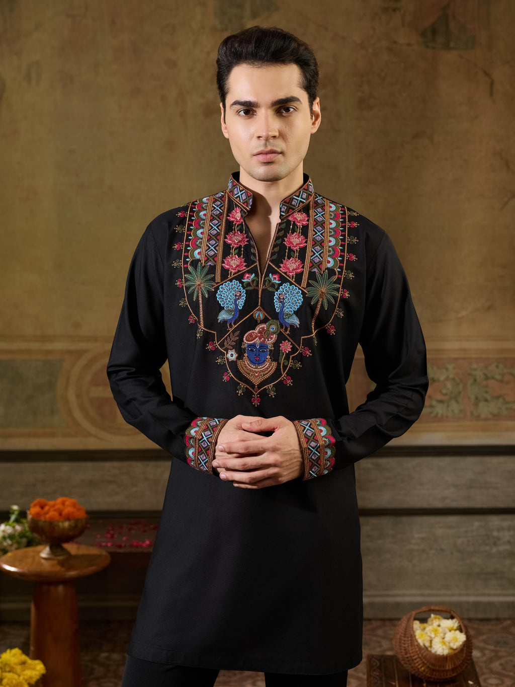Festive Black Rayon Embroidered Kurta Set For Mens
