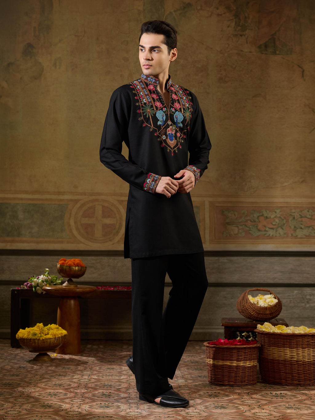 Festive Black Rayon Embroidered Kurta Set For Mens
