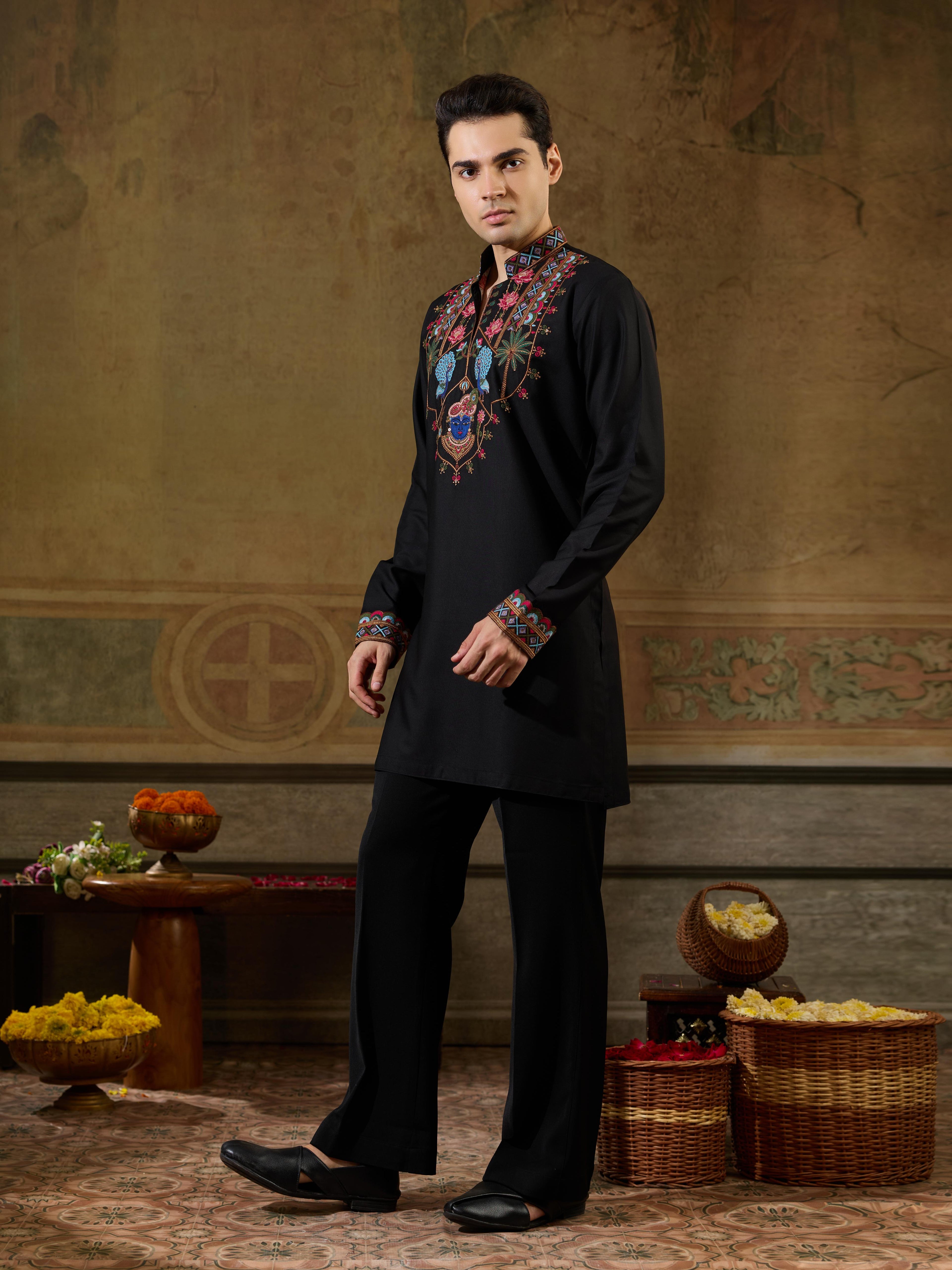 Festive Black Rayon Embroidered Kurta Set For Mens
