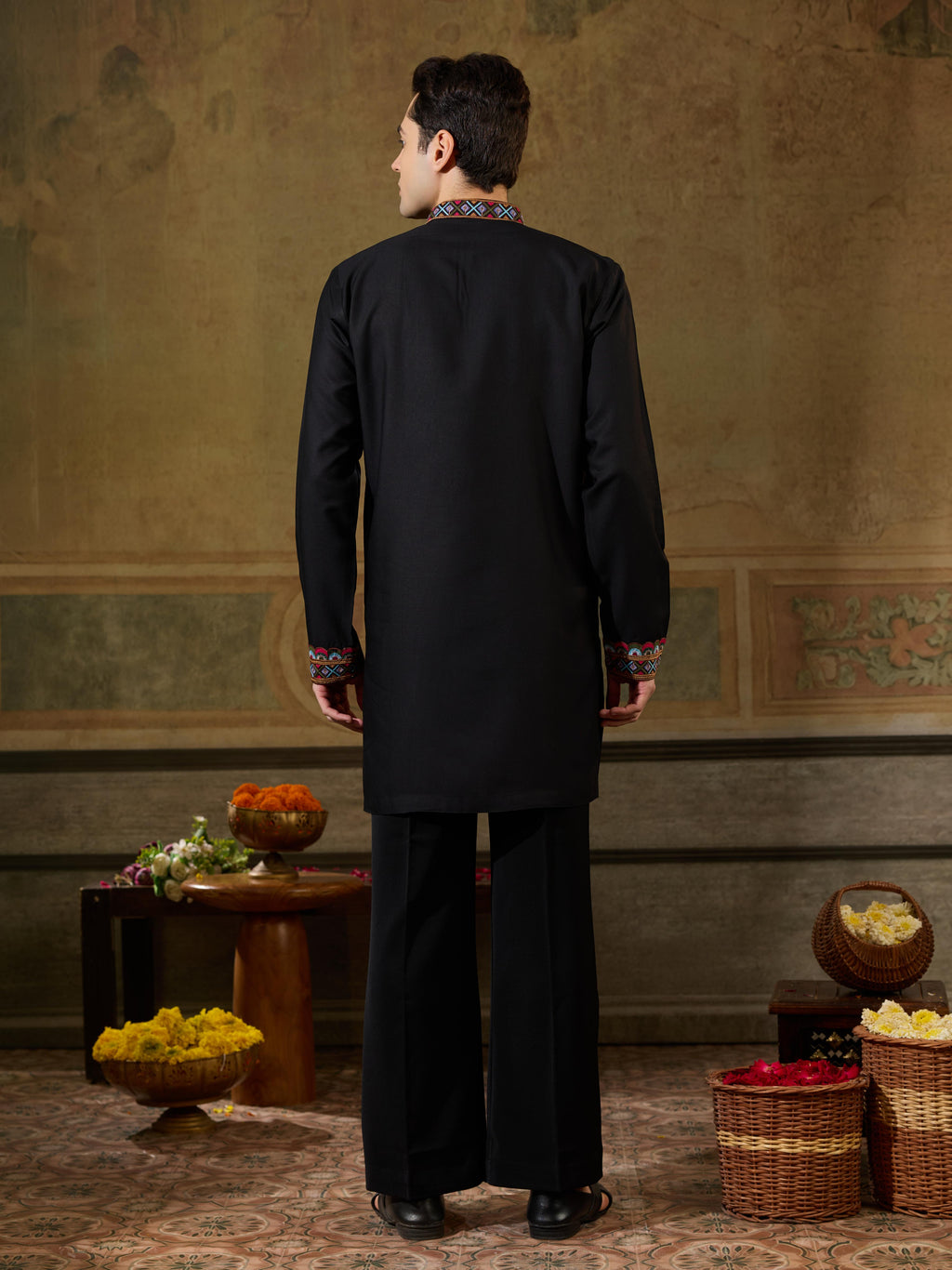 Festive Black Rayon Embroidered Kurta Set For Mens
