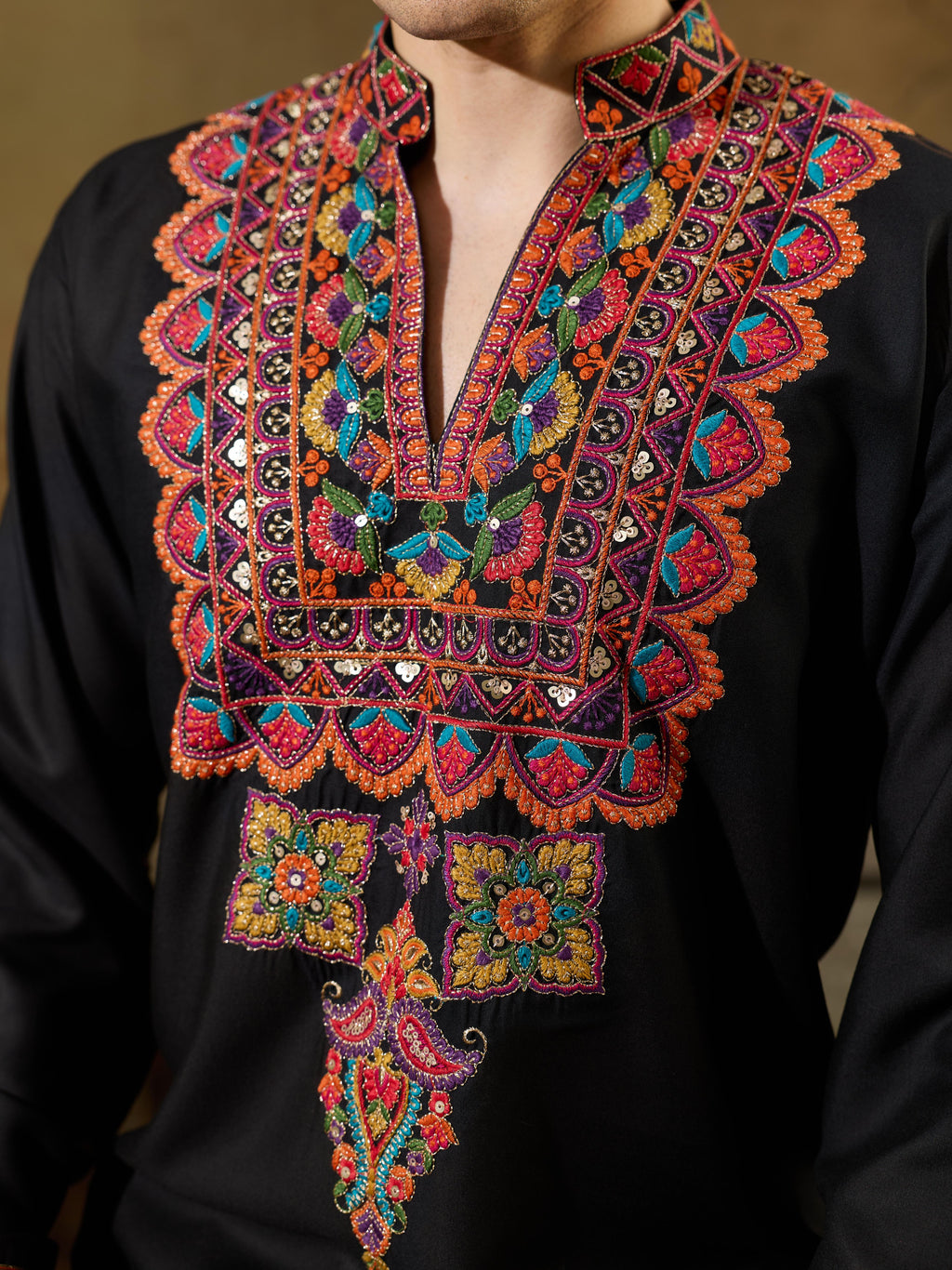 Black Rayon Multicolor Embroidery Kurta Set | Tulip Designer
