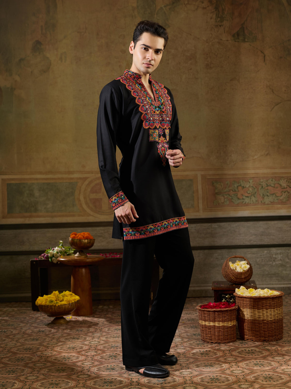 Black Rayon Multicolor Embroidery Kurta Set | Tulip Designer
