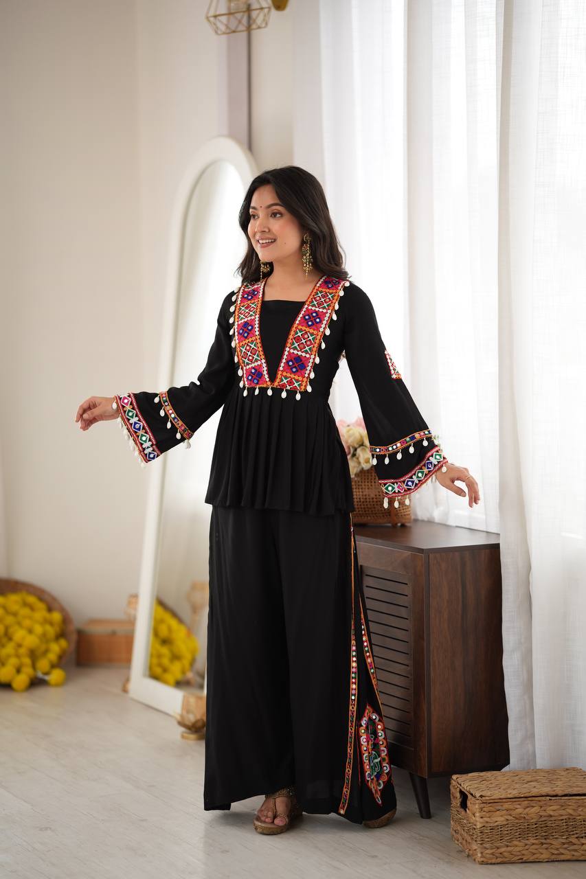 Festive Black Reyon Silk Mirror Kodi Top Plazo Set | Tulip Designer
