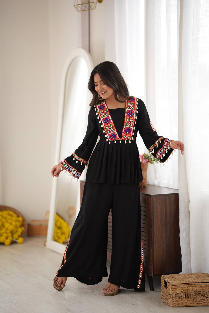 Festive Black Reyon Silk Mirror Kodi Top Plazo Set | Tulip Designer
