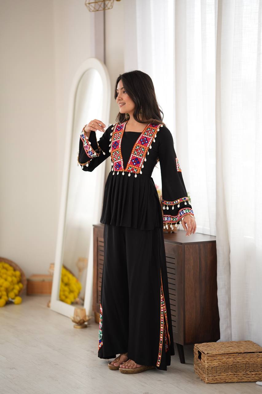Festive Black Reyon Silk Mirror Kodi Top Plazo Set | Tulip Designer
