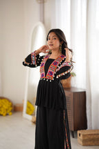 Festive Black Reyon Silk Mirror Kodi Top Plazo Set | Tulip Designer
