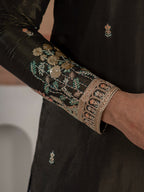 Black Roman Shimmer Double Golden Sequence Work Kurta For Mens