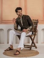 Black Roman Shimmer Double Golden Sequence Work Kurta For Mens
