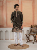 Black Roman Shimmer Double Golden Sequence Work Kurta For Mens
