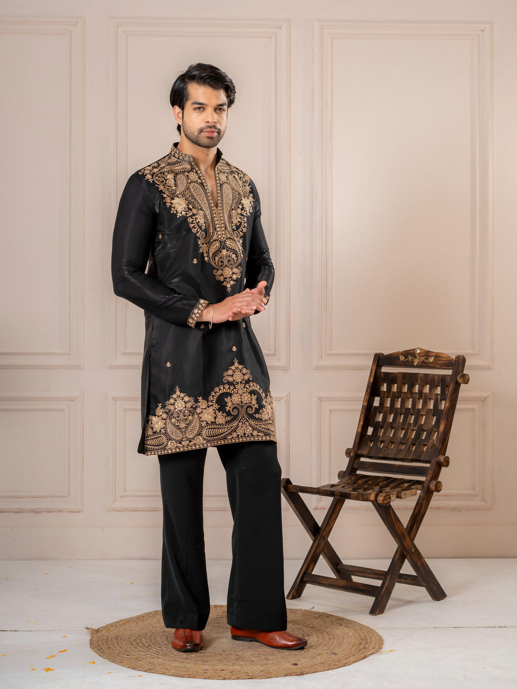 Black Roman Silk Embroidery Kurta Set | Tulip Designer
