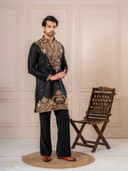 Black Roman Silk Embroidery Kurta Set | Tulip Designer
