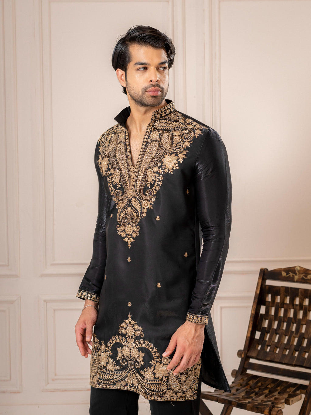 Black Roman Silk Embroidery Kurta Set | Tulip Designer
