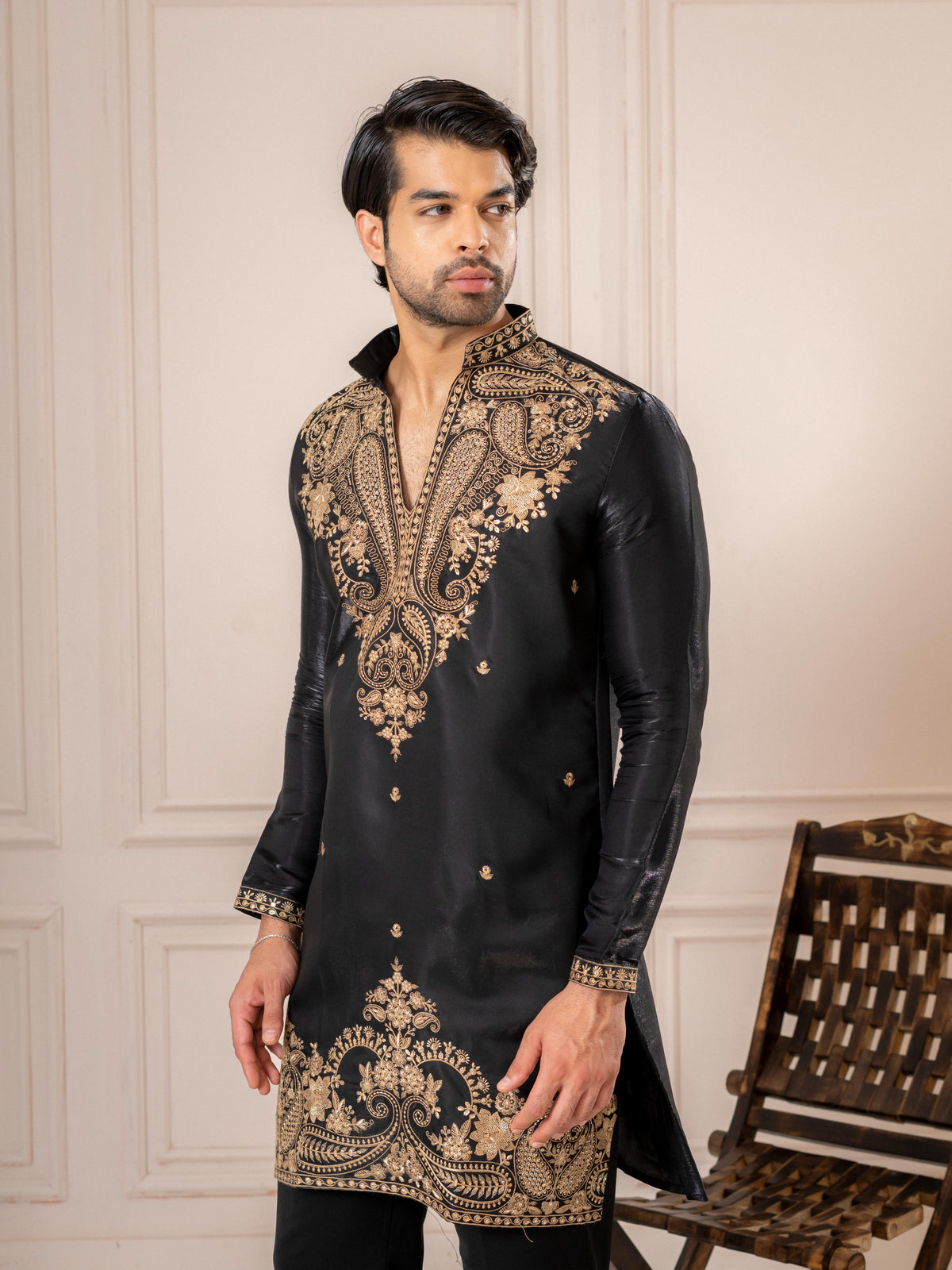 Black Roman Silk Embroidery Kurta Set | Tulip Designer
