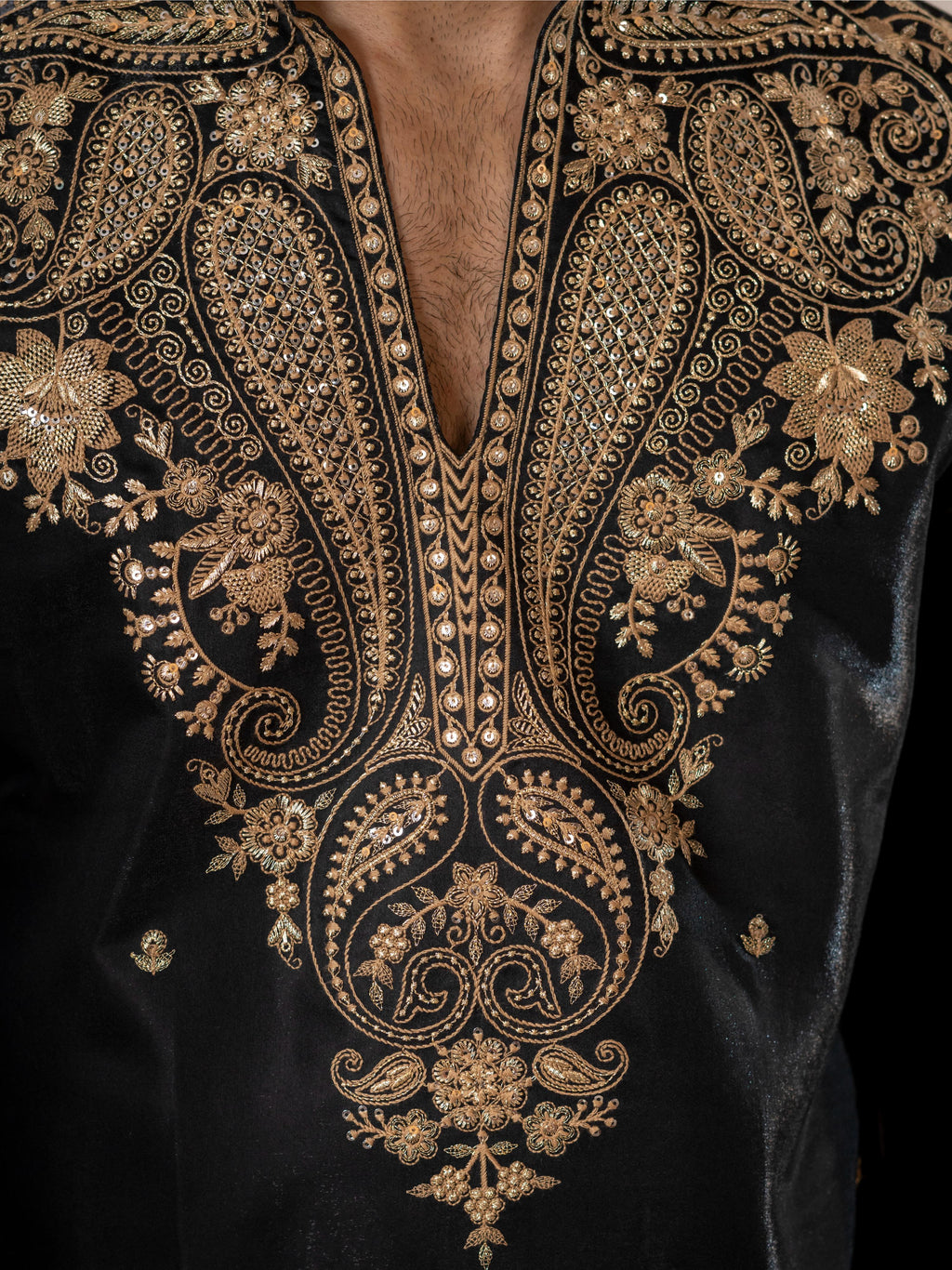 Black Roman Silk Embroidery Kurta Set | Tulip Designer
