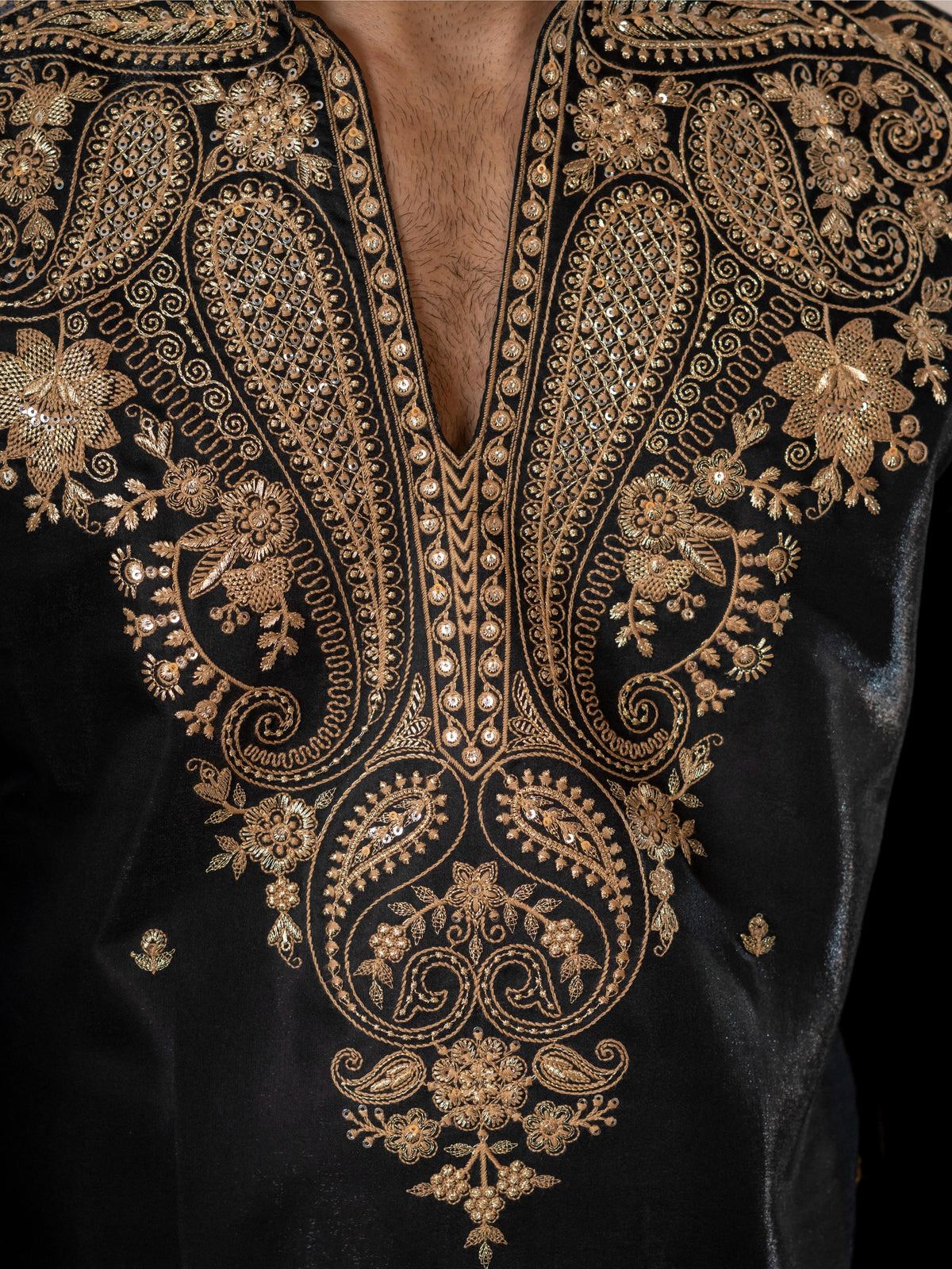 Black Roman Silk Embroidery Kurta Set | Tulip Designer
