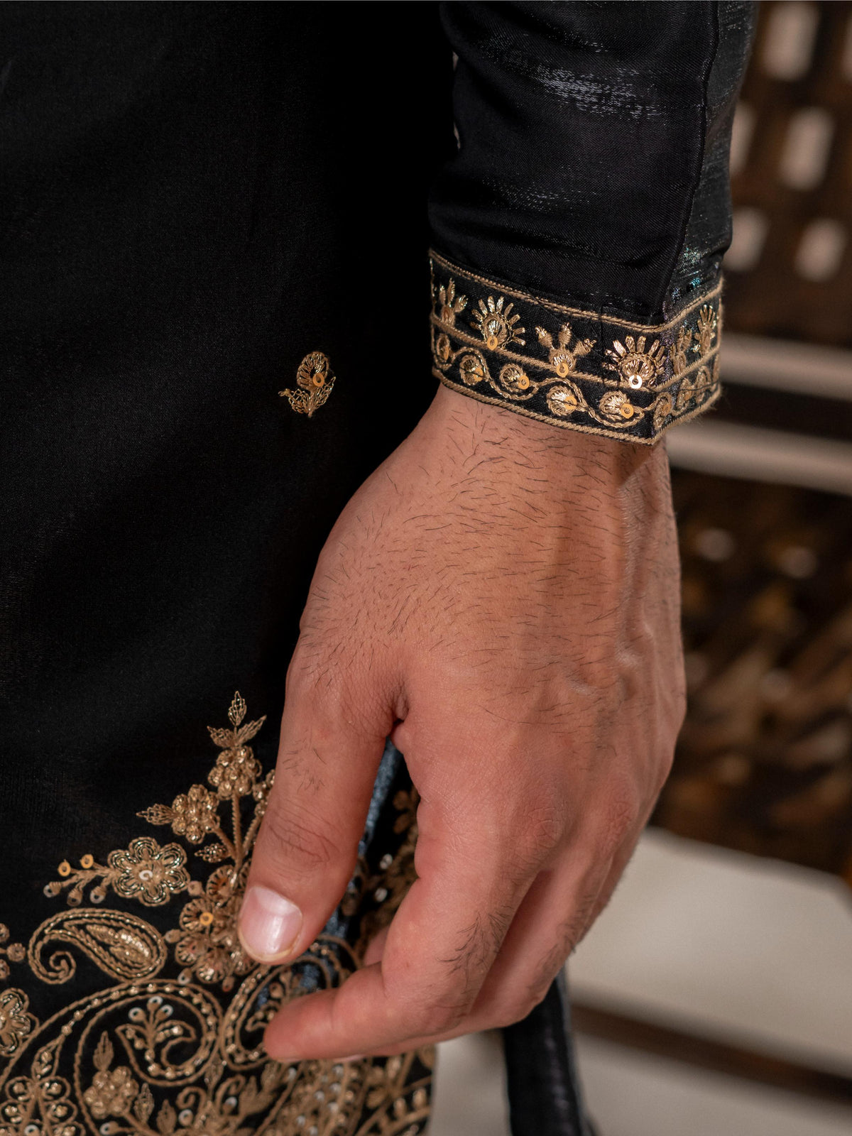 Black Roman Silk Embroidery Kurta Set | Tulip Designer
