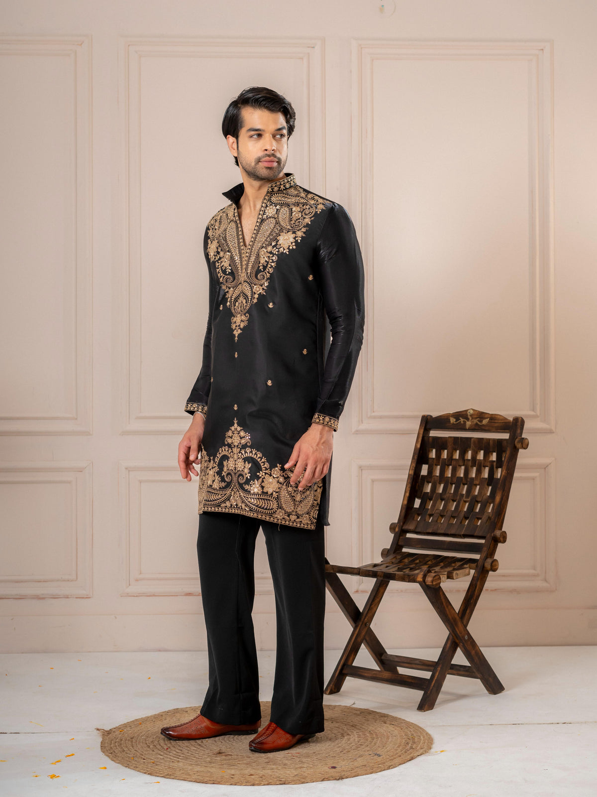 Black Roman Silk Embroidery Kurta Set | Tulip Designer
