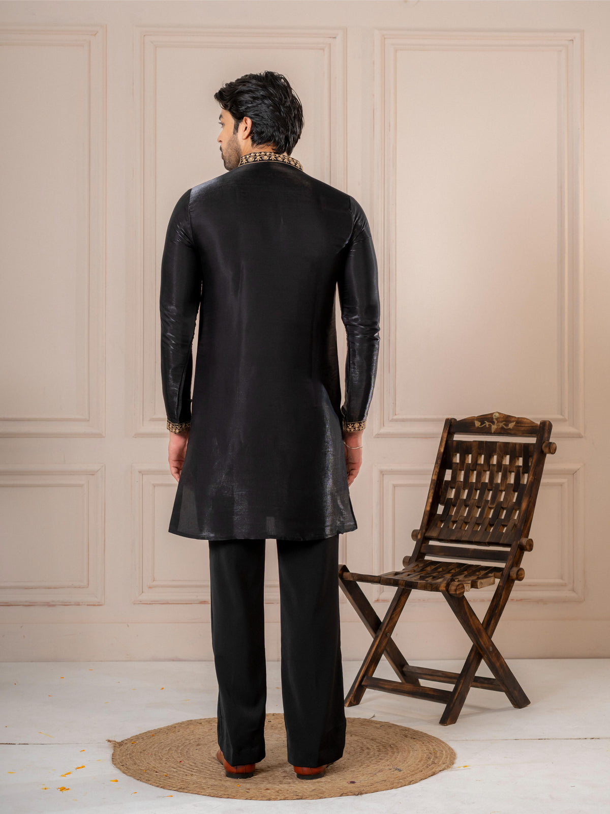 Black Roman Silk Embroidery Kurta Set | Tulip Designer
