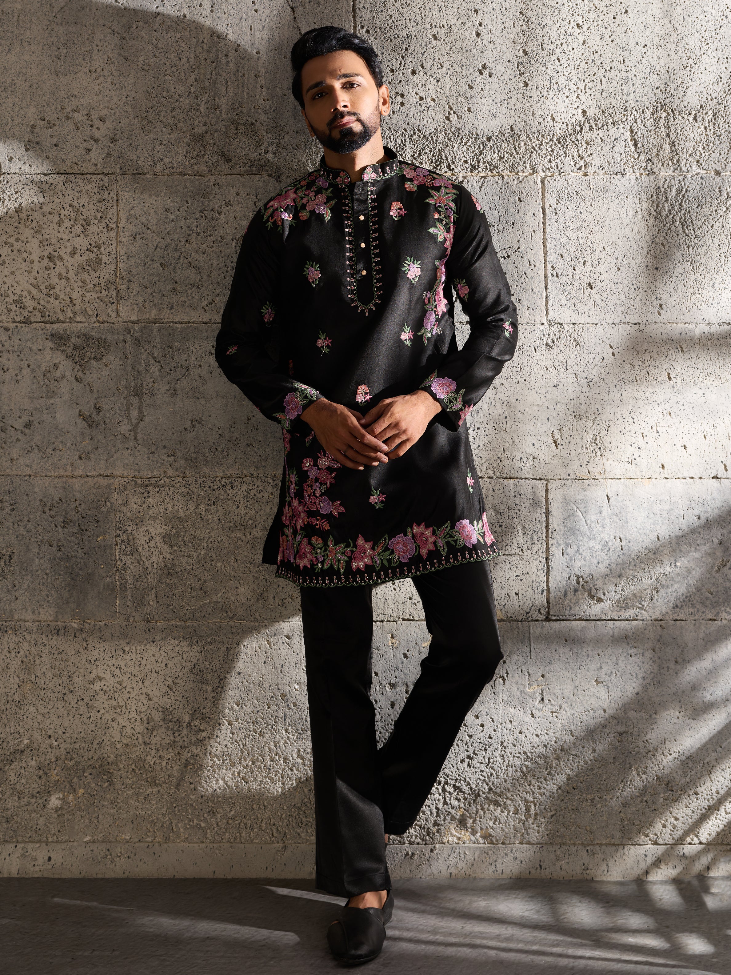 Luxury Black Silk Thread Sequence Kurta Bell Bottom Set
