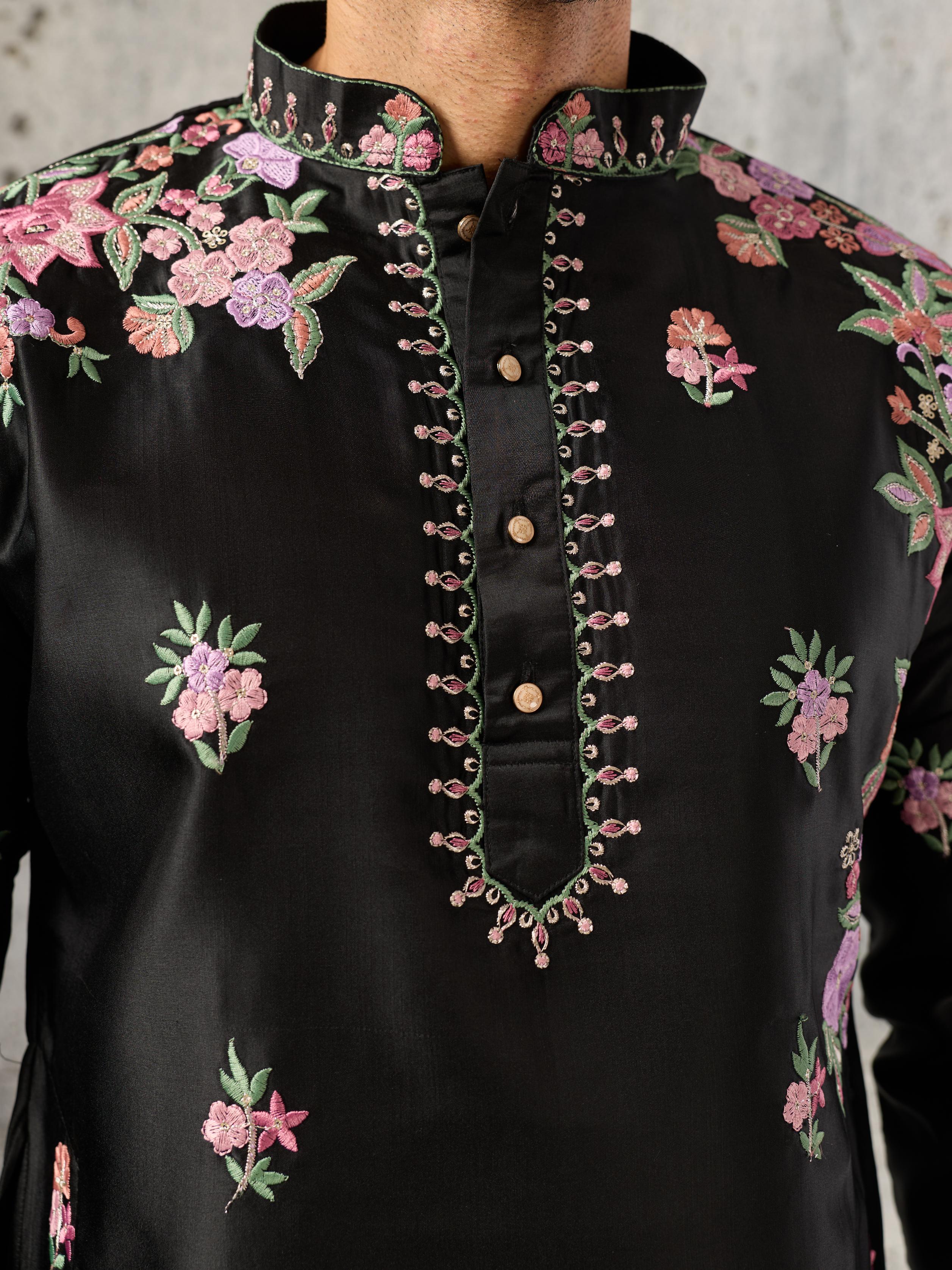 Luxury Black Silk Thread Sequence Kurta Bell Bottom Set
