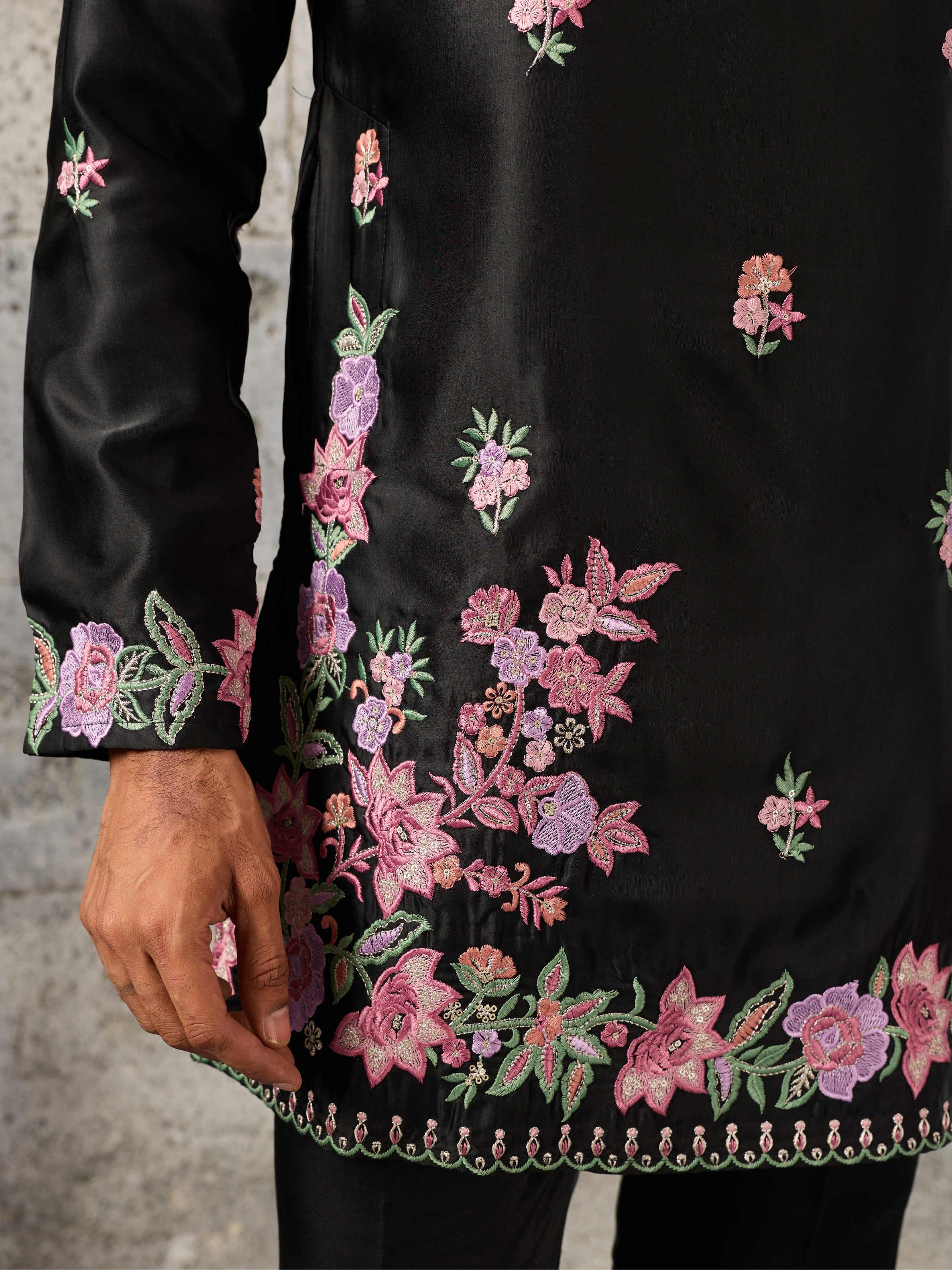 Luxury Black Silk Thread Sequence Kurta Bell Bottom Set
