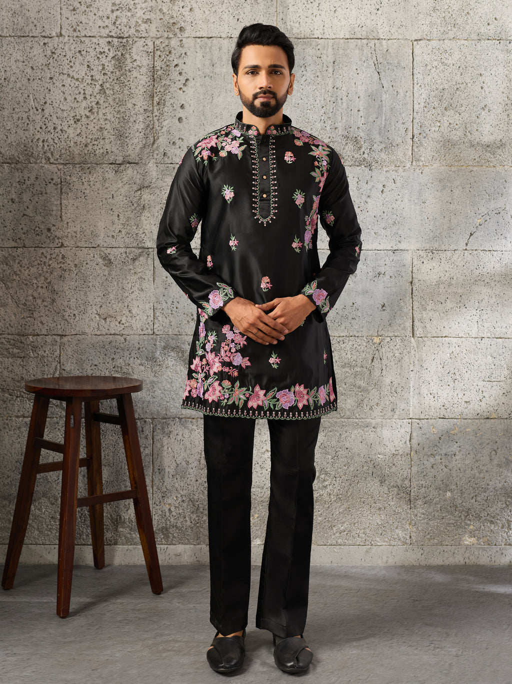 Luxury Black Silk Thread Sequence Kurta Bell Bottom Set
